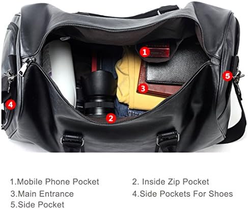 Leather Travel Bag with Shoe Pouch, Waterproof Weekender Overnight Bag, Large Carry On Duffel Bag for Men Women-Black