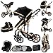 Aveainelle Passeggino 3 in 1, Trio Neonati da Viaggio Reversibile, Passeggino Pieghevole One-Click e Accessori Completi, Doppia Modalità di Freno per Ruote Anteriori e Posteriori (588 Black Gold)