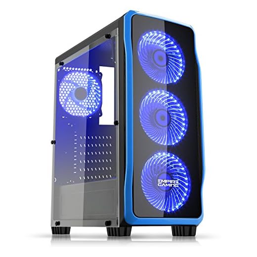 Empire Gaming - Caja PC para juegos DarkRaw negra LED azul: USB 3.0 y USB 2.0, 4 ventiladores LED 120 mm + controlador de ventiladores, pared lateral 100% transparente - ATX / mATX / mITX