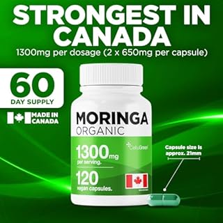 Organic Moringa Leaf Capsules 1300mg dosage (STRONGEST IN CANADA) 2x 650mg per cap. Provides Powerful Antioxidants. Protects Against Cell Damage, Moringa Powder Capsules Supports Liver Detox & Gut Health. Made in Canada, 120 vegan caps