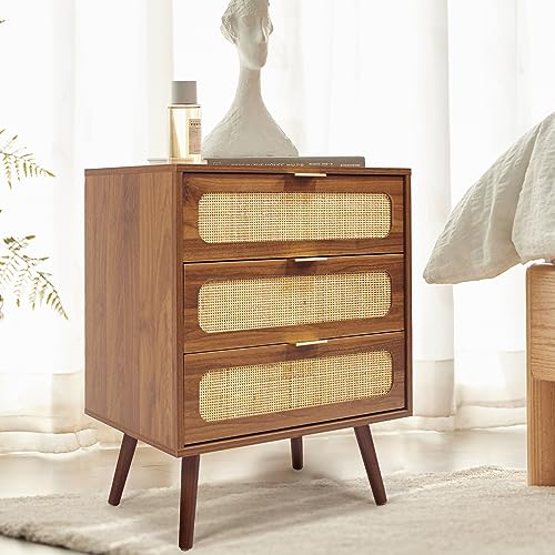 Image of QHITTY Drawer Dresser, Rattan Chest of Drawers with 3 Drawers Dresser, Accent Storage Cabinet Modern Bedside Table for Living Room, Entryway (Walnut)