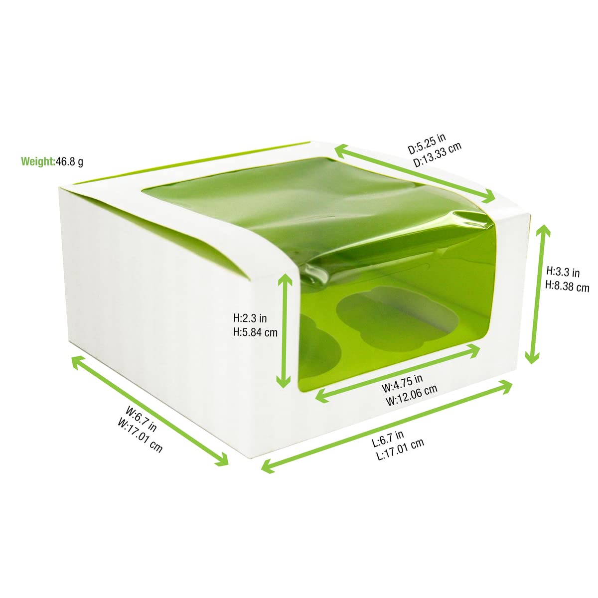 packnwood Cupcake Box con ventana, con capacidad para 4 cupcakes, 6,7 x 6,7 x 3,3, verde (caso de 100)