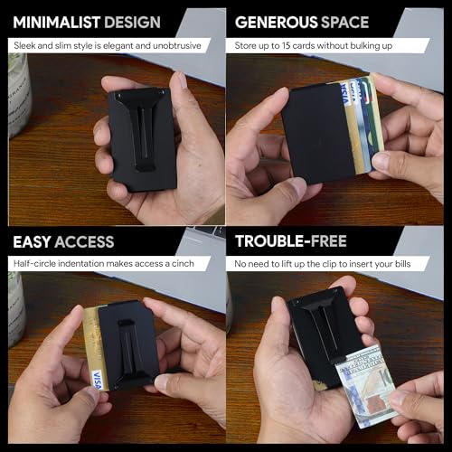 Image of Minimalist Wallet for Men, Slim Metal RFID Blocking Wallet Credit Card Holder Money Clip & Cash Strap, Scratch-Resistant Holds 15 Cards,Ideal Gift for Men | Matt Black