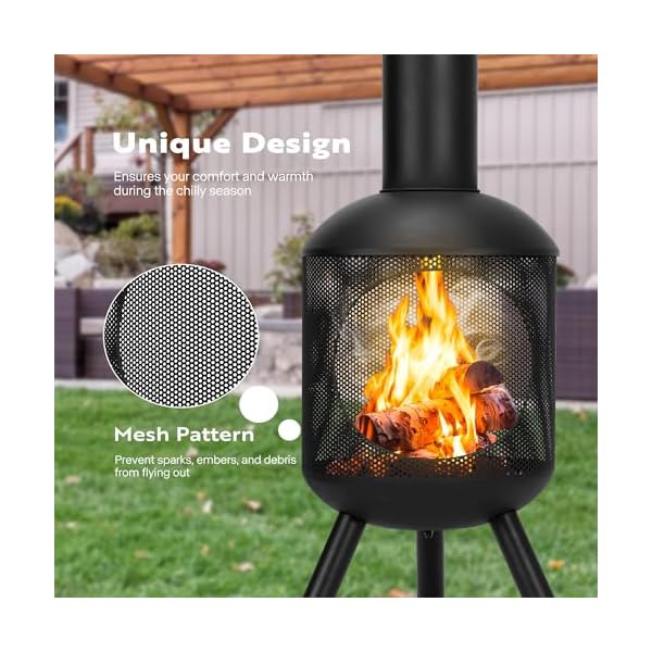 VIVOHOME 46 Inch Chiminea Outdoor Fireplace, Cold-Rolled Steel Wood Burning Fire Pit with Mesh Design, Top Chimney Cover, and Fire Poker Ideal for The Patio, Garden, and Backyard Black - Image 6
