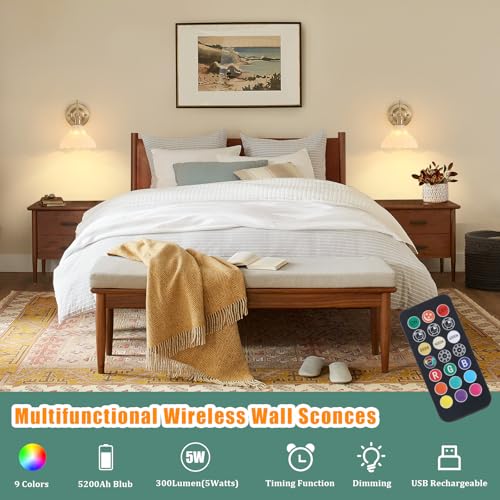 Image of Shenmoyl Battery Operated Wall Sconce Set of 2, Vintage Rechargeable Wall Lights with White Lily Glass Shade, Wireless Indoor Wall Lamp for Bedroom Living Room Bathroom