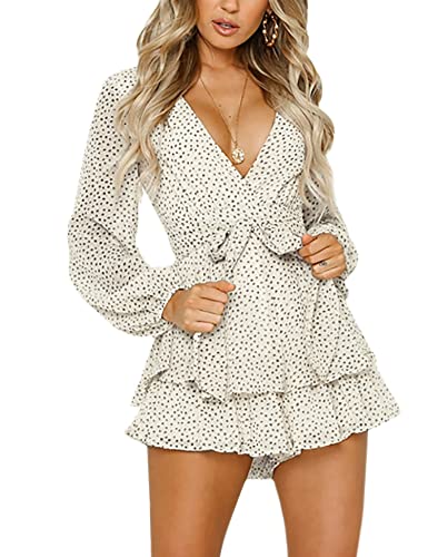 Aimcoo Women's Long Bubble Sleeve Polka Dot Romper Floral Print V-Neck Jumpsuit Layer Ruffle Hem Casual Rompers For Summer (White, X_L) #TOP2