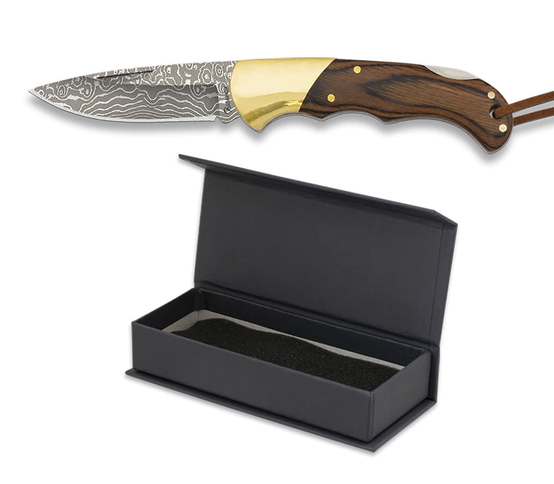 Tiendas LGP – Albainox 18557 Damasco, Navaja acero Damasco. Plegable, Hoja 6 cm. mango de Stamina Marrón, forros de acero Inox. Virola de Alpaca