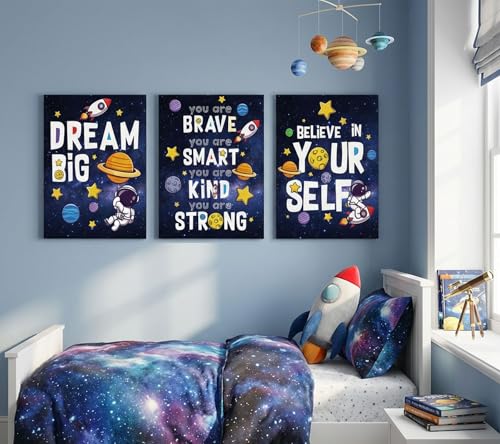 Image of 3Pcs Inspirational Space Astronaut Kids Canvas Wall Art, Inspirational Quotes Painting Picture Wall Decor, Boys Positive Affirmative Poster Print Artwork for Playroom, Classroom, 16x24in