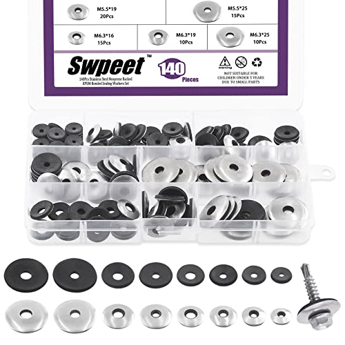 Swpeet S2033 140Pcs 8 Sizes #8#10#12#14 Stainless Steel Neoprene Epdm Bonded Sealing Washers Gasket Assortment Kit cover