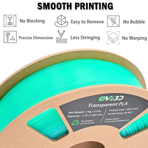 Image of OVV3D 3D Printer Filament Transparent PLA Filament 1.75mm, Clear Green Printing, + /- 0.02 mm, Fits Most FDM 3D Printers, Translucent 3D Filament 1kg Spool
