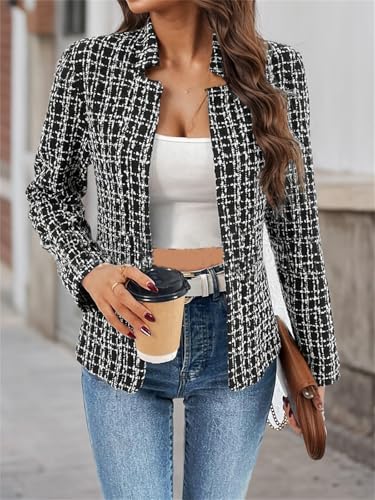 Womens Tweed Open Front Blazers Fitted Jacket Dressy Casual Notch Collar Overcoat Plaid Coat Office Outfits Outwear for Women2