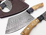 CK-58 Full Tang Butcher Knife Handmade Forged Kitchen Chef Knife 256 Damascus Steel Layers Chef Cleaver with Leather Sheath, 11 inches