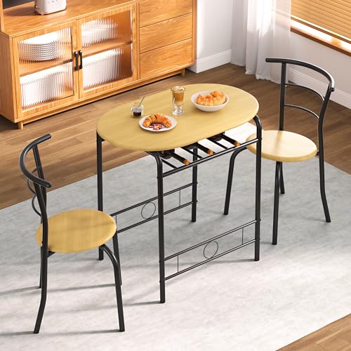Image of VECELO 3 Piece Small Round Dining Table Set for Kitchen Breakfast Nook, Wood Grain Tabletop with Wine Storage Rack, Save Space, Natural & Black