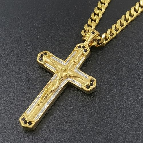 Generic Men's Crucifix Cross Pendant with 18K Gold Cuban Chain Jesus Necklace in 24 Inches, Gold/Silver Two tones4