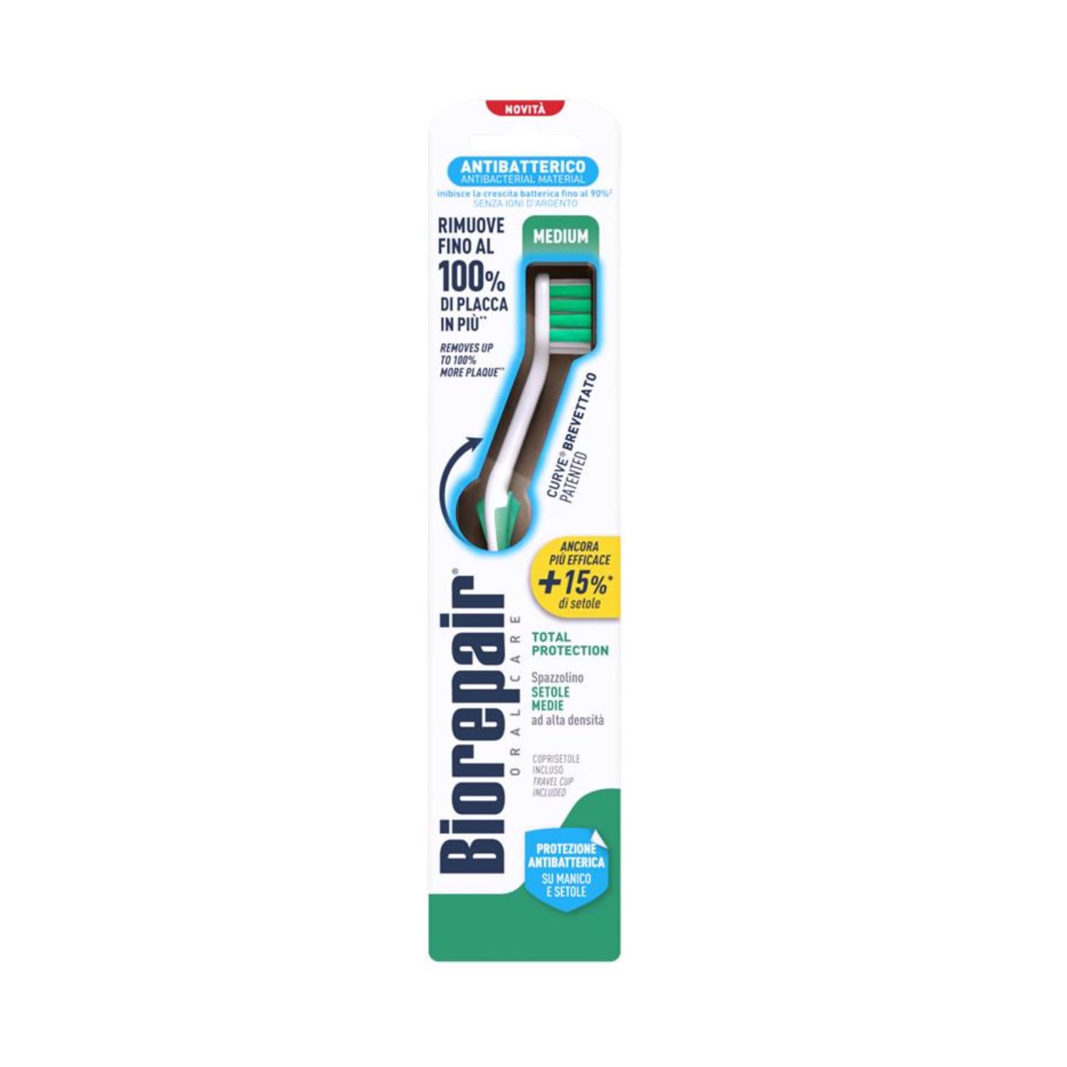 Biorepair , Total Protection Toothbrush, Antibacterial, Clinically Tested, with Medium Bristles, Patented Curved Shape, Inhibits Bacterial Growth by Up to 90%, Removes Up to 100% of Plaque