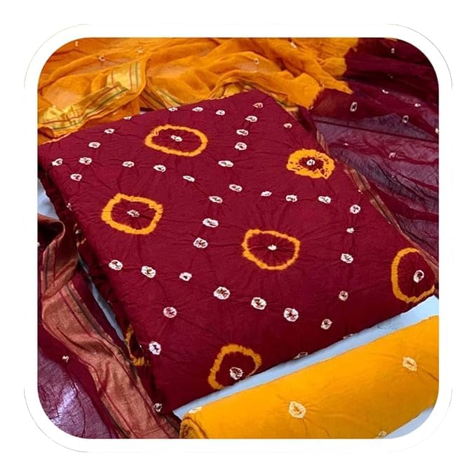 RISHIT TRENDS Women's RAYON Bandhani Un-stitched Salwar Suit Dupatta Dress Material