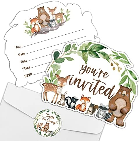 REWIDPARTY Woodland Animals Party Invitation Cards with Envelopes & Stickers（Set of 15）Shaped Fill-in Invitations Party Supplies Favors for Birthday Baby Shower Party Celebration Cards for Kids Teens