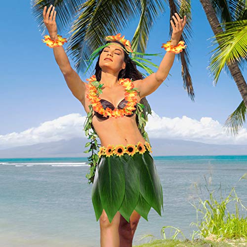 KEFAN Leaf Hula Skirt and Hawaiian Leis Set Grass Skirt with Artificial Hibiscus Flowers for Hula Costume Party (A)