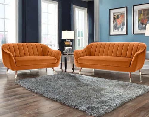 Image of AMATA Marino Solid Wood 3+2 Seater Orange Suede Velvet Fabric Sofa Set with Two Cushions Perfect for Home Office Guests Living Room (04 Orange, 3+2 Seater)(3 Year Warranty)