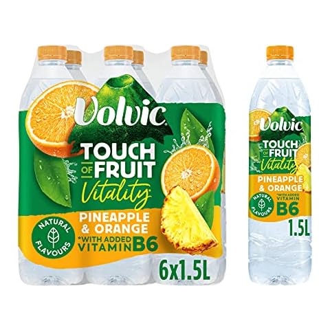 Volvic Touch of Fruit Pineapple & Orange Flavoured Water with added Vitamin B6, 6 x 1.5L Cover