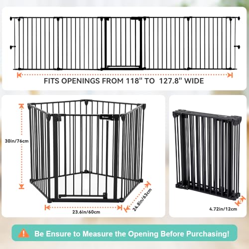 Image of COMOMY 127.8 inch Extra Wide Baby Gate, Dog Gate for House Stairs Doorways Fireplace, Auto Close Pet Gate with Door Walk Through, 5 Metal Panels, Hardware Mounted Baby Fence Indoor Outdoor(30 inch Tall,Black)
