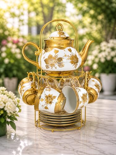 Image of 13 Pcs Premium Floral Ceramic Tea Set with Stand | 1 Teapot with Lid, 6 Cups & 6 Saucers | Vintage Gold Finish Porcelain Tea Set for Home, Party & Gifting Tea Cup Saucer Set with Teapot