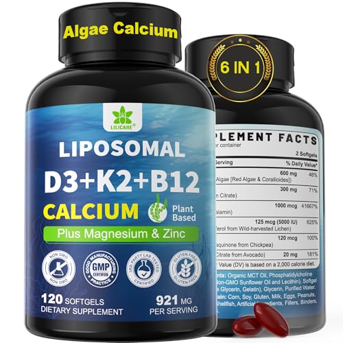 6-in-1 Plant Based Calcium Supplements for Women Men- Calcium 600mg w/ D3 K2 5000 IU Vitamin Liposomal & Algae Ca-lcium Magnesium Zinc + Vegan Vitamin D 5000 IU + K2 MK7 + Methyl B12 for Bone 1 Pack
