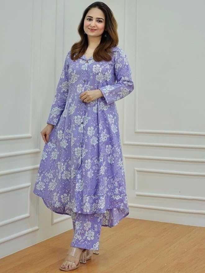 Image of Women's Cotton Kurta with Trousers Set, Floral Print, Regular Fit