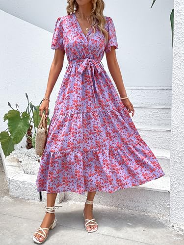 Image of MASCOMODA Women Boho Swiss Dot Maxi Dresses Wrap V Neck Flutter Short Sleeve Solid Tie Waist A Line Tiered Flowy Long Dresses