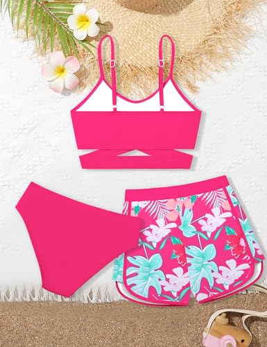 Image of Girls Swimsuit 3 Piece Bathing Suit Criss Cross Bikini Set Girls' Swimwear with Shorts 7-16T