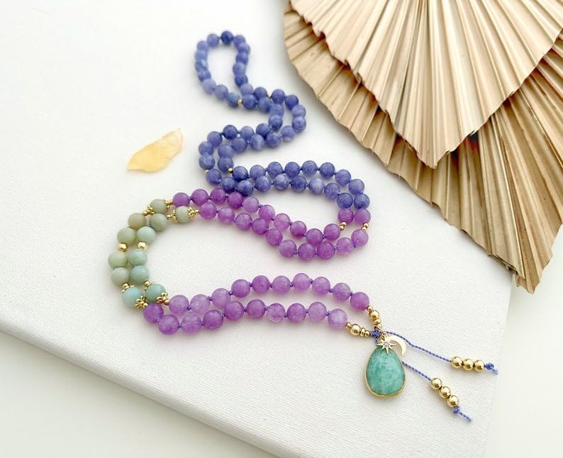 Perles de méditation authentiques en tanzanite et amazonite de 8 mm