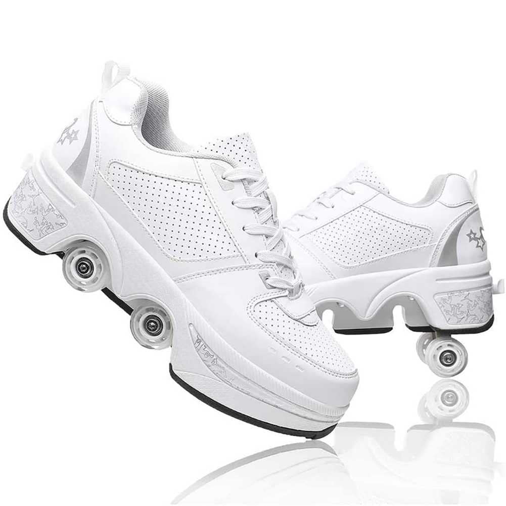 Four-Wheel Recyclable Roller Skate Skates,2-in-1 Parkour Shoes, Shoes That Turn Lnto Rollerskates, Children's Roller Skates Ladies Kick-Roller Shoes Adult Skating Cool Running