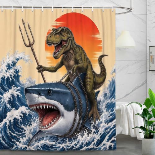 Image of Boziqr Funny Dinosaur Shower Curtain, Cool Dinosaur Shark Ocean Wave Decor Fabric Bathroom Curtains, Fun Animals Fabric Bath Curtain with 12 Hooks 60 X 70 Inch