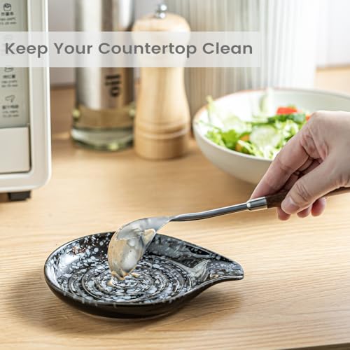 Image of LAUCHUH Spoon Rest for Stove Top, 5 inch Ceramic Spoon Holder for Kitchen Counter Large Ladle Holder for Spatula, Spoons or Tong, Farmhouse Kitchen Decor, Heat-Resistant, Starry Black