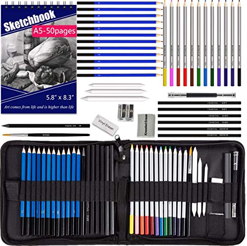 Drawing Pencils with Sketchbook 50 Pages, Colored Pencils 42pcs Set in a Portable Zipper Case, Watercolor Pencils, Sketch Pencils n Accessories Included for Kids n Adults, Beginners n Pros