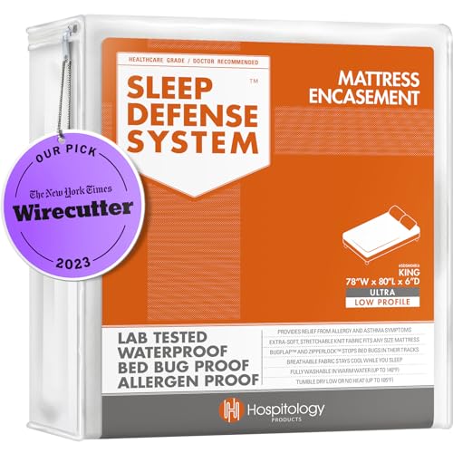 Image of HOSPITOLOGY PRODUCTS Zippered Mattress Encasement - Sleep Defense System - King - Waterproof - Stretchable - Ultra Low Profile 6 inch Depth - 78 inch W x 80 inch L