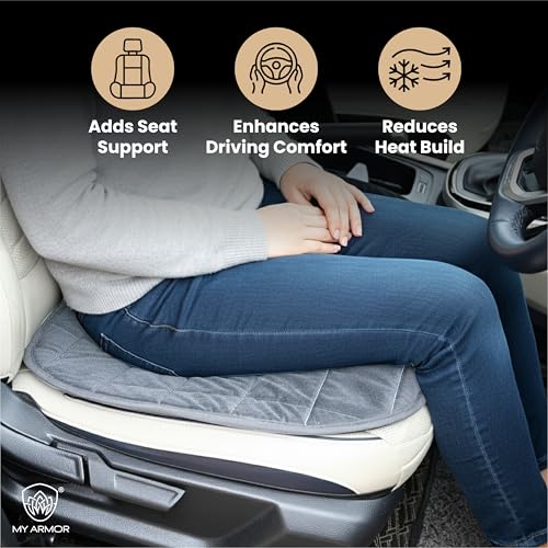Image of MYARMOR Car Seat Cover | Ultra-Soft HR Foam Quilted Cushion with Non-Slip Grip & Storage Pouch | Universal Fit Front Car Seat Protector | Extra Large 20 x 20 Inches | Grey Velvet | 1 Pc