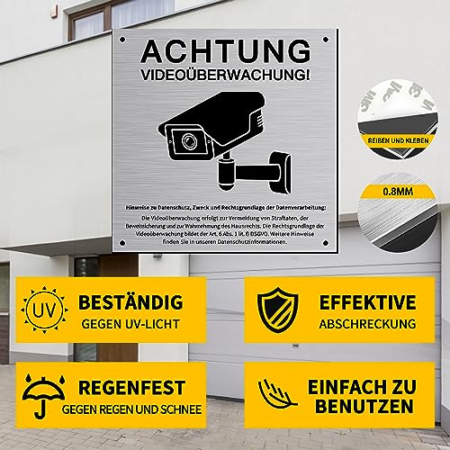 2 Stück Achtung Videoüberwachung Schild Privatgrundstück mit DSGVO Hinweis, 15x15cm Aluminium Schilder Kameraüberwachung, mit Selbstklebend und 2 Bohrlöcher, Kamera Überwachung, Warnschild