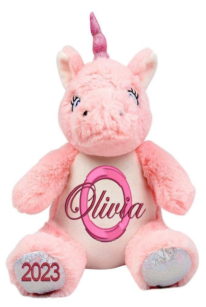 Personalised Teddy Bear and Animal Soft Plush Toys with Name & Initial, Customisable Baby Gift, Baby Boy, Baby Girl, Baby Shower Gift, Birthday Gift, Christening Gift (Pink Unicorn)