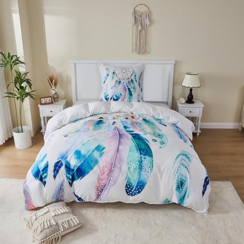 MUSOLEI Housse de Couette 140x200 Attrape Rêve Housse Couette Attrape Reve Parure de Lit 1 Personne Bleu Blanche 3D Imprimé en Microfibre avec Fermeture...