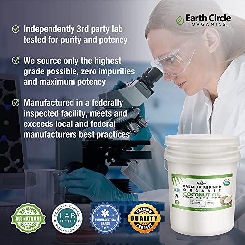 Earth Circle Organics Premium Ultra Pure REFINED Organic Coconut Oil - Steam Refined, Keto & Paleo Friendly - Pure Coconut Oil For Skin & Hair Care, Cooking (5 Gallon)