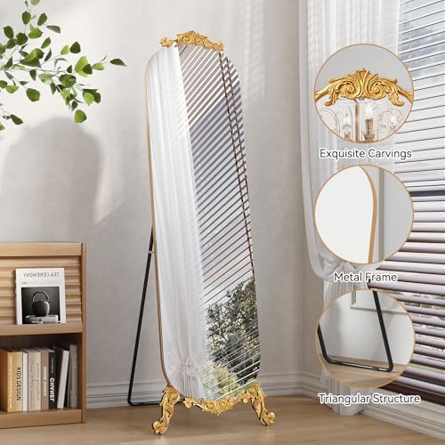 Image of Arched Full Length Mirror, 62 inchX20 inch Vintage Floor Mirror, Baroque Full Body Mirrors with Art Carved, Free Standing Leaning or Wall-Mounted Mirrors for Bedroom, Living Room, Entryway,Gold