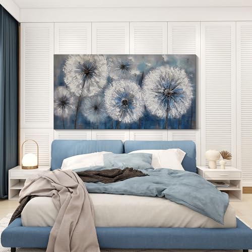 Image of Dandelion Wall Art Blue Large Picture for Living Room Canvas Art Wall Decor Above Bed White Flower Artwork for Walls Wall Paintings Modern Art Aall Decor Framed Wall Art for Bedroom 29x58IN
