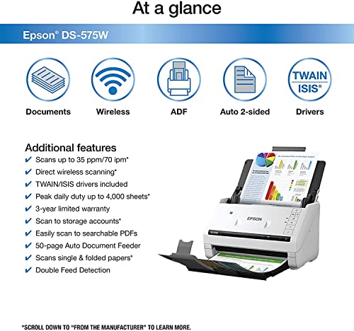 Image of Epson DS-575W Wireless Document Scanner: 35ppm, Twain & ISIS Drivers, 3-Year Warranty with Next Business Day Replacement