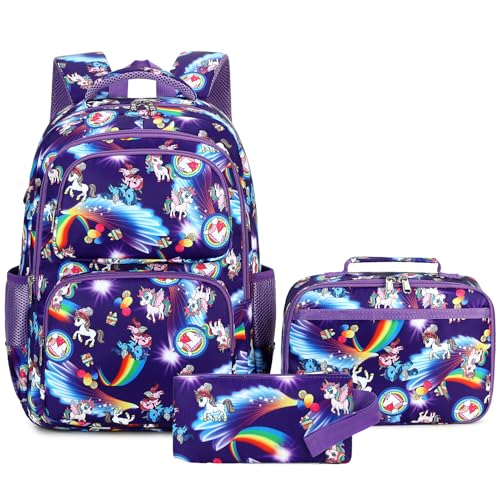 Octsky School Backpack for Girls, Kids Unicorn Bookbag with Lunch Box, Purple2