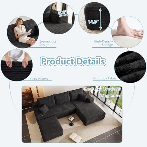 Image of 95 inch Boneless Cloud Couch Sectional Couches Sofa for Living Room | Modular U-Shaped Couch, Comfy Modern Corduroy Memory Foam Sofas with Ottoman, Oversized Chaise (Black, Right-Facing Chaise)