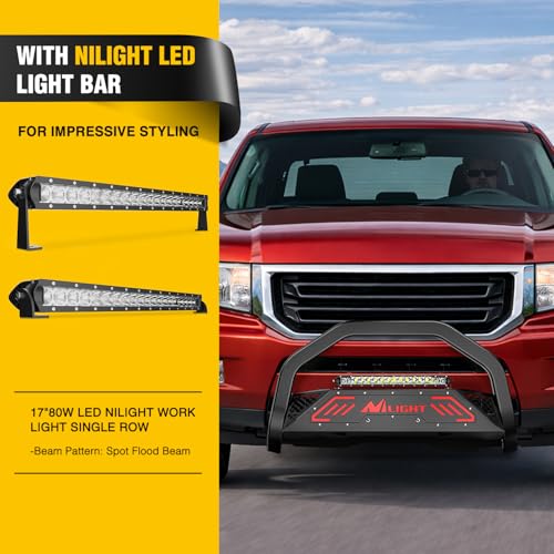 Image of Nilight Bull Bar with Light fits 2003-2008 Honda Pilot, 2006-2015 Honda Ridgeline, 2001-2006 Acura MDX Front Bumper Grille Brush Push Guard with Skid Plate Licence Plate Hole Black