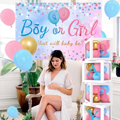 Image of Baby Gender Reveal Party Decorations - Pink Blue Balloon Arch Garland Kits With 4pcs Balloon Boxes, Backdrop and Tablecloths for Baby Shower, Boy or Girl Gender Reveal Party Ideas Supplies