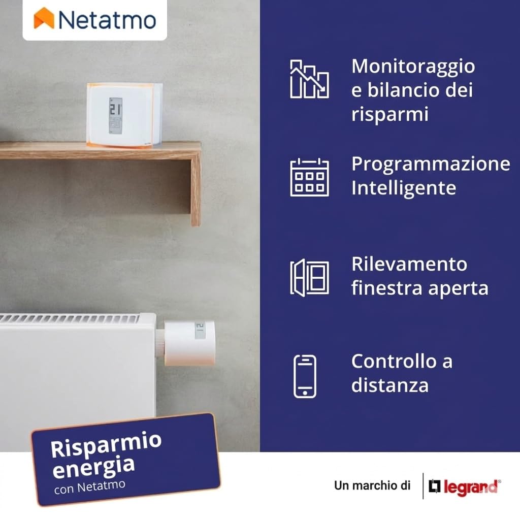 Netatmo Termostato Wifi Intelligente - Controlla il Riscaldamento da Remoto tramite App - Per caldaia individuale, NTH01-AMZ