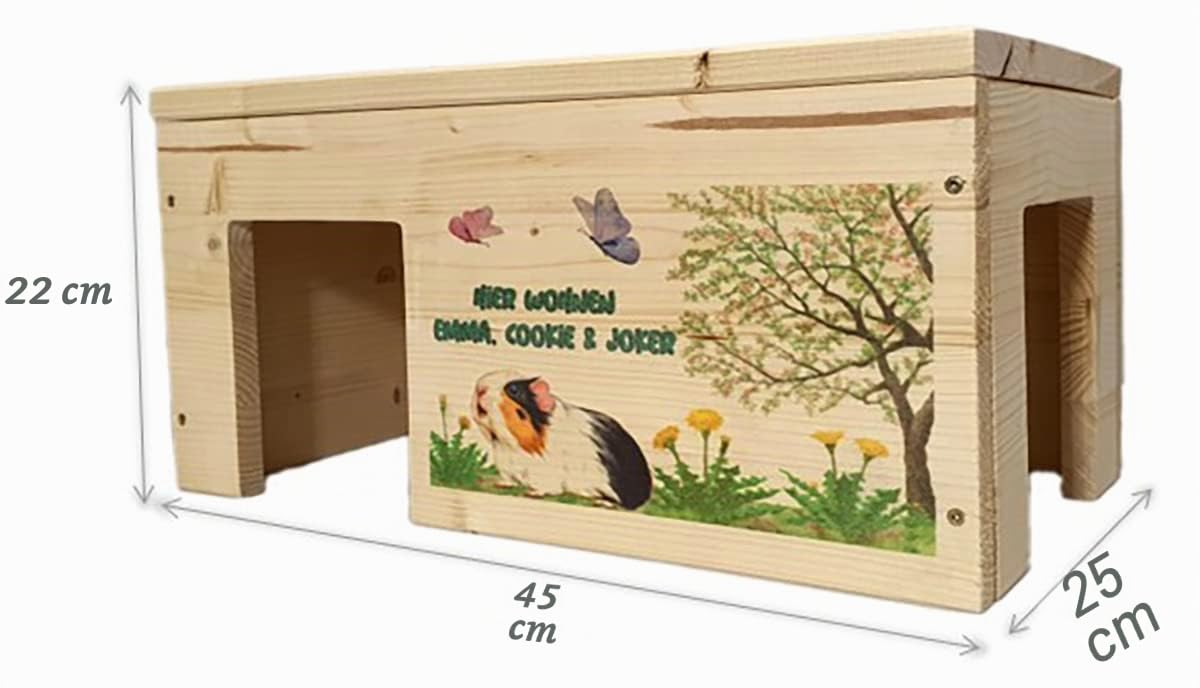 Nagerstore Meerschweinchenhaus Personalisiert mit Wunschnamen ihrer Meerschweinchen mit 2 Eingängen, Holzlasur & Aufklappbar / 45x25x22cm